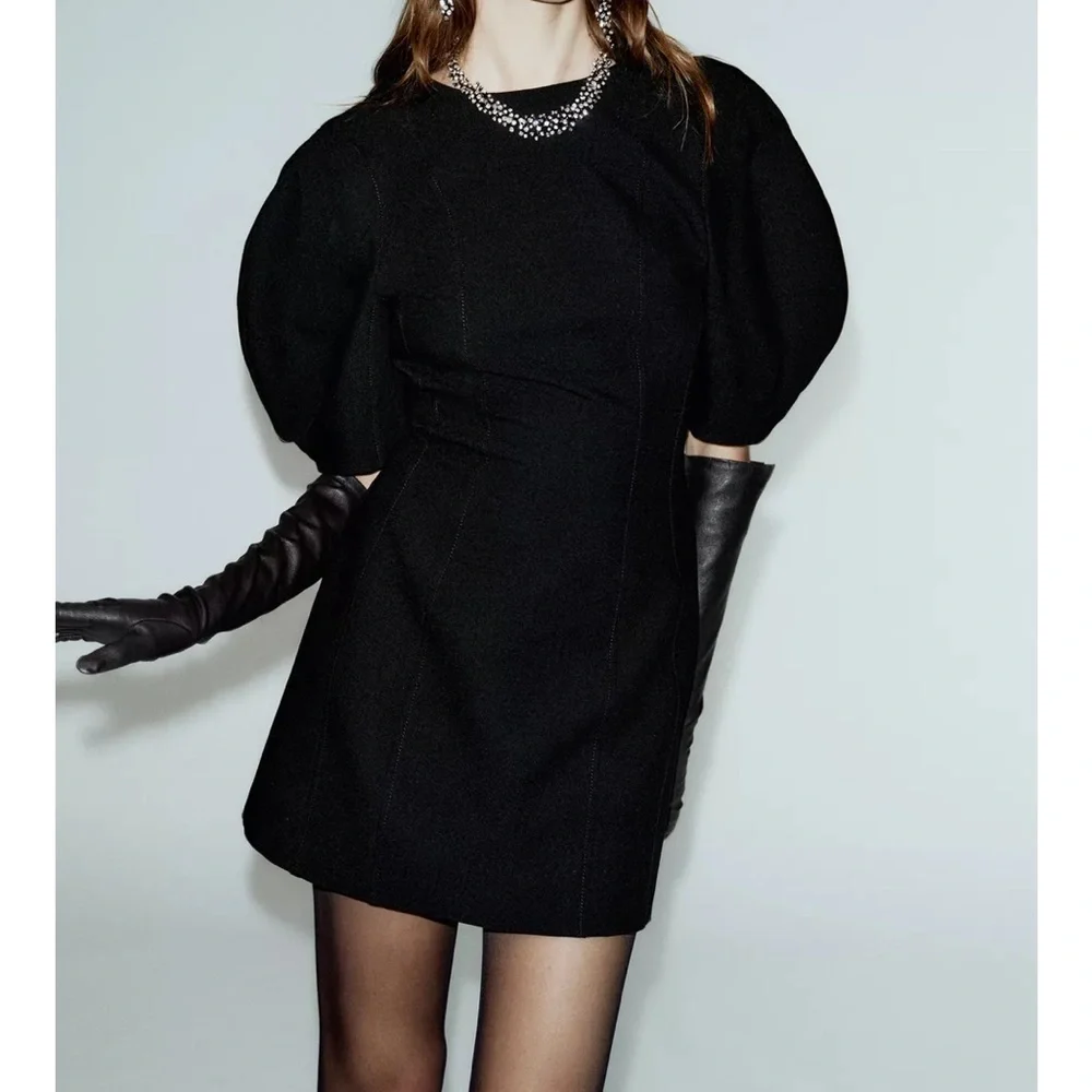 Zara NWT black balloon puff sleeve mini dress - Picture 3 of 14